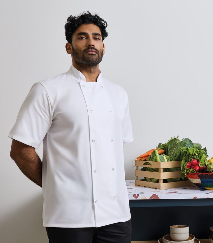 Studded front short sleeve chef's jacket Thumbnail
